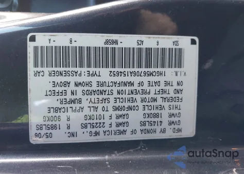 2006 Honda Accord 2.4 Ex z USA, uszkodzony, nr VIN 1HGCM56706A154652